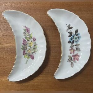 Vintage Bone Dish Crescent Moon Set 2 Chadwick Japan MCM Floral Gold Rim Witchy